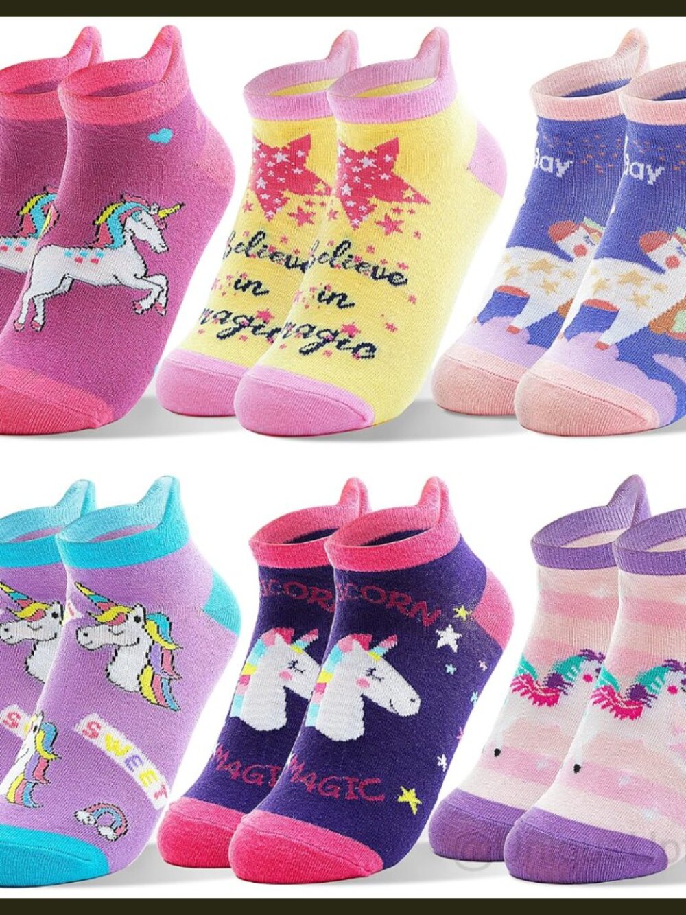 Kids Girls Unicorn Ankle Socks 6 Pairs Cotton Spandex Novelty Low Cut